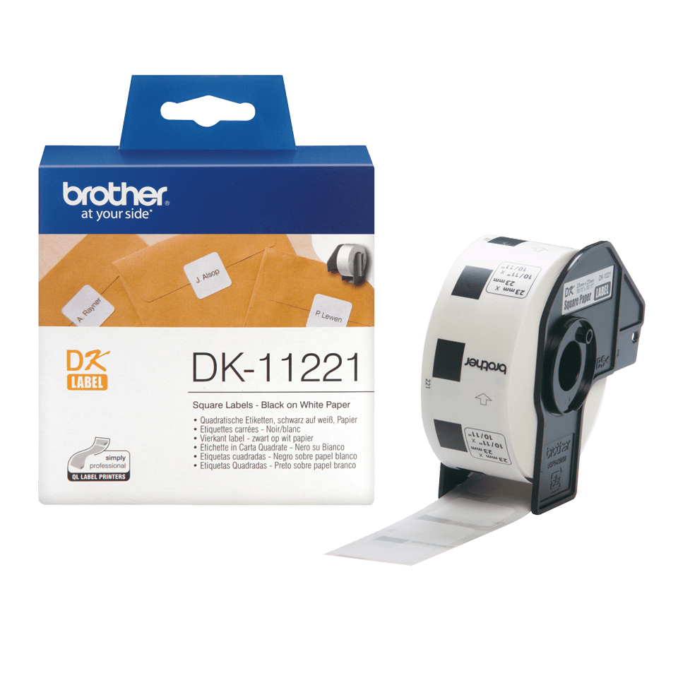Original Brother DK11221 kvadratisk etikett – sort på hvit, 23 mm x 23 mm